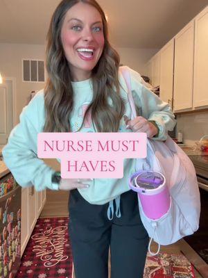 crew neck >>> scrub top. also obsessed with this bag, so many pockets!! #schoolnurse #nursesoftiktok #nurse #ernurse #bags #workbag #gymbag #hydrojug #waterbottle #spillproof #scrubs #scrublife 