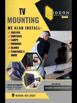 At MODERN, we are the trusted experts in TV wall mounts, ensuring your peace of mind with a secure installation of your TV and top-notch quality of service.  • TV mounting can be stressful, but we take care of everything. We handle the entire process from attaching the brackets to mounting them on the wall. We find the right solutions, whether you need a swivel, tilt or fixed mount.  Want a quote?  📱Call or write us at 862 371 8305 📌 New Jersey ____________________________________________ En MODERN, somos los expertos de confianza en montajes de TV  en la pared, lo que garantiza su tranquilidad con una instalación segura de su TV y una calidad de servicio de primer nivel.  • El montaje de TV puede ser estresante, pero nos encargamos de todo. Nosotros nos encargamos de todo el proceso, desde la fijación de los soportes hasta el montaje en la pared. Encontramos las soluciones adecuadas, ya sea que necesite un soporte giratorio, inclinable o fijo.  Deseas un presupuesto? 📱Llama o escribenos al 862 371 8305 📌 New Jersey  #furnitureassembly #tvmounting #homerepairservice #handymanservices #furnitureensembles 