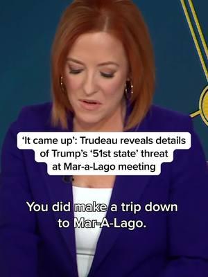 In an interview that will air this SUNDAY at 12pm ET, Jen asked Prime Minister Justin Trudeau if Trump’s “51st state” threats came up during his visit to Mar-a-Lago...   Trudeau: “It actually sort of came up at one point … When I started to suggest, ‘Well, maybe there could be a trade for Vermont or California for certain parts,’ he immediately decided that it was not that funny anymore, and we moved on to a different conversation.”  #msnbc #trudeau #trump 