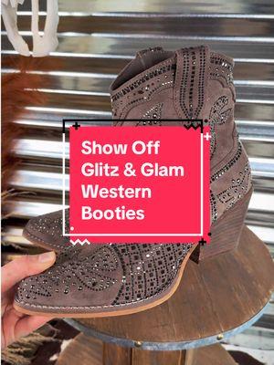 ✨ Step up your style game with these Show Off Ankle Booties in Taupe! ✨The taupe color pairs effortlessly with any outfit, and that comfy fit? Your feet will thank you! 👢✨ #westernfashion #boots #rhinestones #westernglam #rhinestonecowgirl 