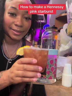 Hennessy pink starburst   2oz Hennessy  Lemonade,cranberry,pineapple all 1/2 oz of each shake and enjoy! Recipe book available. #fyp #hennessy #hennessydrinks #fyp 