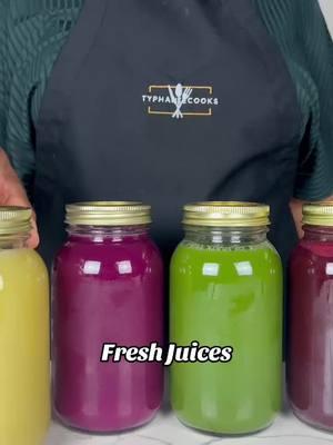 4 juices I have on rotation while fasting: Pineapple-Ginger-Cucumber Juice - good for digestion, inflammation, heart health, metabolism, skin, hair Red Cabbage-Pomegranate Juice - good for gut health, stress, blood pressure, heart health, digestion  Green Juice - good for nutrients, detox, inflammation, weight management, blood pressure  Beet-Carrot Juice - good for skin, eyes, cholesterol, liver support, folate, stamina 😏 . . #juicing #21dayfast #freshjuice #typhaniecooks