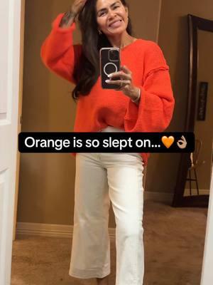 Outfit of the day! ✅ Orange is such a slept on color!   Would you wear this sweater? 🧡  #OOTD  #fashiontiktok  #casualoutfits  #croppeddenim 