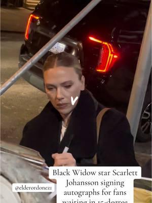 Black Widow star Scarlett Johansson signing autographs for fans waiting at 92NY in 15-degree weather in New York tonight. (🎥) @elderordonez1 #scarlettjohansson #blackwidow #arnoldschwarzenegger #sylvesterstallone #fyp #ryanreynolds  #newyork #pretty #beautiful #happy  #justinbieber #haileybieber #kimkardashian #kyliejenner #newyork #selenagomez #taylorswift