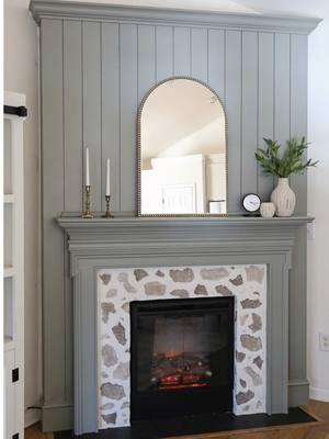 Part 2 of our fireplace makeover! We finished the surround with an over grouted stone look and it didn't turn out like I wanted, but I am embracing it for now until I can change it! #fireplacemakeover #shiplapfireplace #stonefireplace #cozycottage #cottagecore #diyfireplace #homeimprovement 