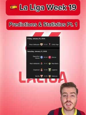 🇪🇸 LA LIGA WEEK 19 PREDICTIONS, STATISTICS & TIPS  PART 1 | More predictions on FanBasis in my bio | Statistics are from thr HOFB app, link in my bio | —————————————#footballpredictions #soccerpredictions #soccerpicks #footballpicks #footballtips #soccertips #freefootballpicks #freefootballpredictions #freesoccerpredictions #freesoccertips #laligasantander #laliga #laligapredictions #laligatips #laligapicks #rayovallecano #celtavigo #alavesvsgirona #realvalladolid #realbetis #espanyol #cdleganes #sevillavsvalencia 