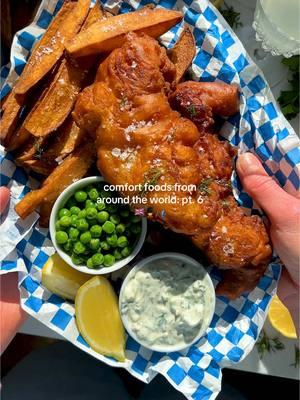 a staple meal in England, and with good reason, today we’re making British Fish & Chips! something i never understood was that the thick battering on the outside literally poaches the cod inside of it when frying creating this beautiful crunchy yet flaky fish fry that is 🤌🏼 especially when served with a homemade (and ridiculously flavorful) tartare sauce and easy crispy potato wedges!! full recipe is on my blog 😌 #comfortfoods #fishnchips #fishandchips #highproteinmeals #highproteinrecipes #healthydinner 