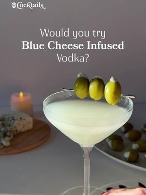 Tangy & savory deliciousness in every sip of a blue cheese infused dirty martini🍸 Send to someone who would love this. #dirty #martini #bluecheese #viral #infused #vodka #olives #fyp Blue Cheese Stuffed Olives (Fills about 30 olives): 1/4 cup blue cheese splash of olive brine to make it slightly thinner pitted Castelvetrano style olives Dirty Martini Recipe: 2 & 1/2 oz. blue cheese vodka 1/2 oz. dry vermouth 1/2 oz. olive brine 