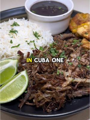 Authentic Cuban Vaca Frita 🔥🇨🇺 recipe ⬇️ 2 lbs flank steak, cut into 3-4 chunks 2 bay leaves 2 tsp salt 4 garlic cloves, minced 1 tsp cumin 1 tsp oregano 1 tbsp salt 1/2 tsp black pepper Juice of 2 limes Juice of 1/2 orange 1 medium white onion, sliced 6 tablespoons neutral oil Salt & pepper to taste Pressure cook flank steak with salt, bay leaves and enough water to cover for 40 min. Shred with two forks. Season with garlic, cumin, oregano, salt, pepper, lime and orange. Marinate for at least 30 min. On medium high heat cook marinated meat and sliced onion untouched for 5 min to develop crispy crust. Now continue to mix around until your desired crispyness. Tostones (Fried Green Plantains) 2 green plantains Avocado oil spray Peel and slice your plantains into 2 inch chunks. Thoroughly spray with oil. Air fry 390F for 10 min. Flattened each piece. Spray with oil again and air fry for another 10 min at 390F. Black Beans 2 cans of black beans 1/2 white onion, diced 1/4 green bell pepper, diced 1/2 tsp cumin 1/2 tsp oregano 1/4 tsp black pepper 2 bay leaves Chopped cilantro 1 tsp tomato paste 1 cup water 2-3 garlic cloves, minced 1/2 tsp red or white wine vinegar 1/2 tsp sugar In a medium sauce pot, sauté onions and peppers until translucent. Add in beans and mix for a few minutes. Pour in water, seasonings and bay leaves. Let this come to a boil and thicken. Once thicken to your liking, add in minced garlic, sugar and vinegar. Season to taste with salt and pepper. #vacafrita #cubanfood #beef #plantains #riceandbeans 