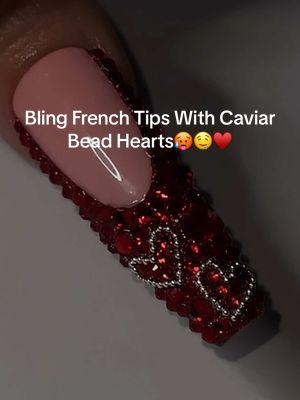 Bling french tips with caviar bead hearts? Uhm yesssss plz🥵🤤♥️ • • • • #frenchtipnails #nailinspo2025  ##blingfrenchtips #frenchtips #vdaynailinspo 