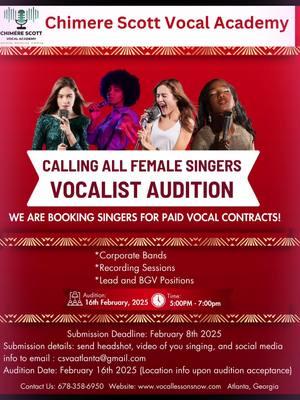 Atlanta Audition!!! CSVA is currently looking for female vocalists to work in the industry of corporate entertainment, vocal recording, live performance and bgv. To audition you must submit to us a picture and video of you singing or performing and your social media handles. Send to csvaatlanta@gmail.com #singer #singing #vocalist #vocallessons #vocaltraining #singinglessons #voiceover #vocalcoach #vocalexercises #vocaltechnique #voiceteacher #performer #voice #audition #talent 