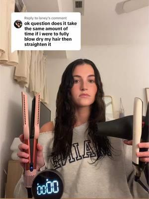 Replying to @laney  timing my dyson airstrait vs a blow dryer and iron. Also note the airstrait is 230 degrees. Vs my straightening iron which is 365 degrees. Let me know what you guys think. #dysonairstrait #dysonhair 