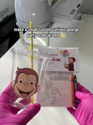 a quick but super cute party order for a curious george themed birthday 🍌💛🧁 i think these are SO cute to add to a kids table! #partydecor #customcups #customcoloringbooks #DIY #personalizedpartyfavors #crafts #curiousgeorge #birthday #CapCut 