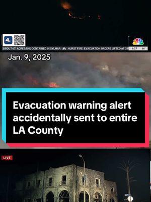 Early Friday morning, an evacuation alert was sent from the Los Angeles County Fire Department.⁠ ⁠ The county has since issued an apology for the error and said they are working with FEMA to investigate the issue.⁠ ⁠ This comes a day after another evacuation warning alert was sent in error across LA County. ⁠ ⁠ Kevin McGowan, the director of LA County’s Office of Emergency Management, spoke to NBC4 on Thursday to explain what went wrong.⁠ ⁠ #nbcla #wildfires #LosAngeles #SantaAnaWinds #PacificPalisades #Altadena #WestHills #alert #evacuation #evacuationwarning 