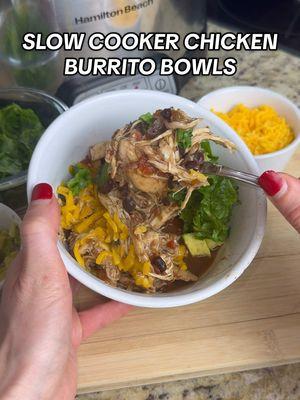 SLOW COOKER CHICKEN BURRITO BOWLS 🌯 Homemade Chipotle >>> Chipotle! This recipe is so customizable with the endless toppings you can add! INGREDIENTS: -1 to 1 1/2 pounds boneless skinless chicken breasts -1 (14.5 oz) can diced tomatoes -1 cup low-sodium chicken broth -2 tsp chili powder -2 tsp salt -1 tsp ground cumin -1 (15 oz) can black beans, drained -Optional toppings: shredded cheese, chopped cilantro, sour cream, diced avocado, salsa, hot sauce, diced green onions, shredded lettuce DIRECTIONS: 1. Combine the chicken, diced tomatoes and their juices, chicken broth, chili powder, salt, and cumin in a slow cooker. Make sure the chicken is covered with liquid. Cover and cook on HIGH for 3 to 4 hrs. 2. After about 2 1/2 hrs stir in the beans. Cover and continue cook for about 1 hr. 3. Use two forks to shred the chicken. Add your toppings and enjoy! #chickenburrito #burritobowl #chickenburritobowl #slowcooker #SlowCookerRecipes #chickenbreast #chickenbreastrecipe #homemadechipotle #chipotlebowl #crockpotmeals #crockpotcooking #chickenrecipes 