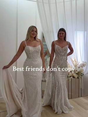 Would you and your bestie wear coordinating wedding dresses? #weddingdresses #bridetobe #weddingday #glamdress #bridalgown #fitteddress #BestFriends #engaged 