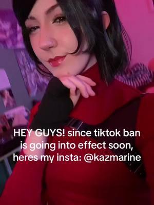 So sad to see tiktok go but tbh i was losing my motivation on here. I’m 100% more of an instagram person, and I hope to see yall there!! #cosplay #kazmarine #adawong #adawongcosplay #residentevil4 #residentevil #re4cosplay #residentevilcosplay #re4 #adacosplay 