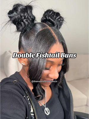 Double fishtail buns on this cutie patootie ! #houstonhairstylist #fishtailbuns #fishtailbraid #ponytailtutorial #blackhairtiktok #hairtok #blackgirltiktok #hairtutorial 