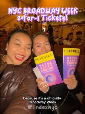 @NYC Tourism 2-for-1 broadway deal is something I look forward to every January! It’s a great way to stay warm and enjoy an nyc activity for half the cost!  📍 Various Broadway locations in midtown/Times Square/ Hell’s Kitchen areas  🗓️ January 21-February 9, 2025  @maybehappyendingbway is a poignant and visually stunning musical that explores love, loss, and humanity through the lens of two obsolete robots 🤖💗 @MJ the Musical is an electrifying tribute to the King of Pop, delivering powerhouse performances and iconic dance moves that bring Michael Jackson’s legacy to life 🕺  ✅ save this or send this to someone you wanna go with  #nycthingstodo #nyctourism #nycactivities #nycwinteractivities #broadwaymusicals #broadwayweek #broadwayshows #nycdeals #nycfun #nycdatenight #nyclife #maybehappyending #mjthemusical 