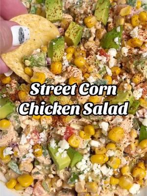 This easy 10-minute meal combines street corn and rotisserie chicken to create an easy Street Corn Chicken Salad with the perfect crunch. It makes for an easy, wholesome work lunch to pack up into meal prep containers. Just serve with tortilla chips, or veggie sticks for serving.  #streetcorn #chickensalad #10minutemeals #worklunch #easylunch #mealprep #mealprepideas 