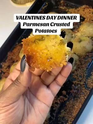 Valentines Day Dinner Recipe Parmesan Crusted Potatoes  10-15 Baby gold potatoes  1 tbsp salt 2 tsp black pepper  2 tsp garlic powder 1/2 cup parmesan (2 tbsp to season and the rest on the baking tray) 2 tbsp Olive Oil Fresh Chopped Parsley  .. .. Cook at 375F for 30 mins checking in between. .. .. .. #DinnerIdeas #recipeshare #quickdinner #potatorecipe #easydinner #valentinesdinner #parmesanpotatoes 