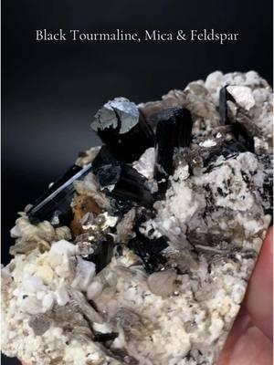 Black Schorl Tourmaline Cluster with Star Mica, Fluorescent Apatite & Feldspar  https://oldearthminerals.com/products/12-ounce-black-schorl-tourmaline-cluster-with-mica-aray3 #blacktourmaline #schorl #tourmaline #crystals #minerals #mineralspecimen #crystalcluster #mica #feldspar 