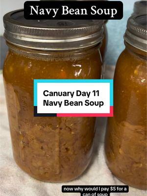 I always keep my eye out for discounted meat at the grocery store!  Canuary Creators: @Savannah Barnett  @Mountain Heart Homestead  @shay yvonne | homemaker ✝️🌷  @It’s Jenn Again 🪴  Navy Bean Soup 1 pound dried navy beans 1 tablespoon butter  1 large onion diced 3 large carrots diced 2 stalks celery diced 2 cloves garlic minced Large ham hock 8 cups chicken broth 4 cups water  1/2 teaspoon dried oregano 1 1/2 teaspoon ground nutmeg 3 bay leaves 2 tablespoons apple cider vinegar Salt and pepper to taste Presoak beans overnight. Saute veggies in butter to stockpot for about 10 mins. Add remaining ingredients EXCEPT apple cider vinegar. Bring to boil, then reduce heat to gentle simmer for 1 hour. Then remove ham hock, cut meat off bone, add to pot and then add apple cider vinegar. Optional: immersion blend to thicken. Beans will cook more in the canner. If you’re not canning, continue to simmer on stove for 90 mins or until beans are tender.  PC pints (1 serving) 75 mins PC quarts (2 servings) 90 mins Rebel WB 3 hrs  Yields 4 quarts  Let me know if you try it! ❤️  #canningfood #fromscratch #homesteadforbeginners #canningandpreserving #rebelcanning #canuary #mybasichomestead #canningforbeginners #canning #homesteadlife #beginnercanning 