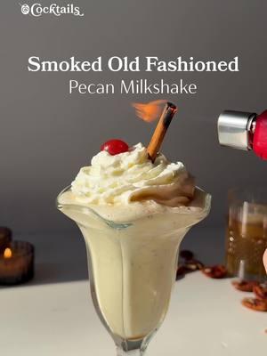 Blend the woody and sweet flavors of a smoked old fashioned into a decadent pecan milkshake🍦 Send this to a bourbon lover! Ingredients: 3 scoops of butter pecan ice cream (or vanilla) 1 & 1/2 oz. bourbon 1/2 oz. homemade brown sugar simple syrup dash of Angostura bitters 1/3 cup milk garnish with whipped cream, a cherry and a smoked cinnamon stick Brown sugar simple syrup recipe: 2 tbs. brown sugar 2 tbs. tbs. water bring to a slight boil over med-high heat while occasionally stirring remove from heat and let thicken stir, let completely cool, then store in a mason jar/container in the fridge #oldfashioned #smoked #milkshake #cocktail #boozy #dessert #fyp 