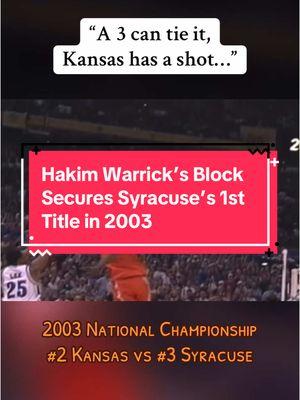 2003 National Championship - Hakim Warrick’s epic block secures Syracuse’s 1st title over Kansas #MarchMadness #ncaatournament #ncaabasketball #collegebasketball #cbb #syracuse #cusebasketball #hakimwarrick #carmeloanthony #kansasjayhawks #rockchalk #clutchblock #champs 