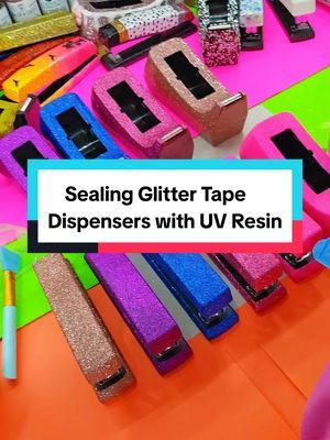 Replying to @gadgetgirlrn Thank you! 🥰 Let's seal glitter tape dispensers with uv resin! ✨️💕🥰 #glitter #uvresin #resin #glittertapedispenser #crafting #sealingglittet #handmade #tutorial #craftingtutorial #officesupplies #fyp 