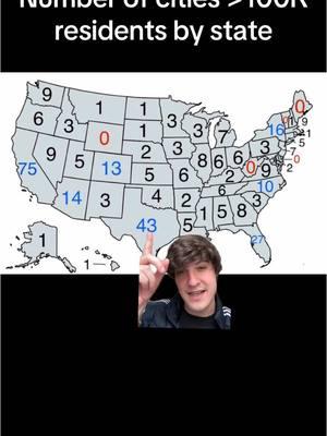 #greenscreen How many 'big #cities' are in your #state? This map shows the number of cities per state to have >100,000 residents. Now, unfortunately, in the #UnitedStates, we sorta have a problem with how we measure the 'size' of cities, since the city limits often don’t reflect the number of people who live AROUND a city, for example, the city of #Portland, #Maine, has 65,000 residents in the city itself, but the #metro has over 500,000 people. In fact, in #Delaware, #Vermont, and #WestVirginia, there are metro's above 100k (namely #Wilmington #DE, #Burlington #VT, and #Charleston and #Huntington #WV, respectively), whereas #Wyoming is the only state to arguably not have one, as the #Cheyenne metro (which is just #Laramie #County) only hit 100k in the last few years or so. #California, the most populous state, has the most cities this size at 75, naturally followed by the next most populous states of #Texas with 43, #Florida with 27, and #NewYork with 16, while #Arizona sneaks in at #5 thanks to the #Phoenix #metroarea having so many absurdly large suburbs. #Colorado is quite similar, as the #Denver metro has 8 suburbs over 100k. There are 8 states with only 1 city this large, and they are #Montana (#Billings), #NorthDakota (#Fargo), #SouthDakota (#SiouxFalls), #Hawaii (#Honolulu), #Alaska (#Anchorage), #NewHampshire (#Manchester), #RhodeIsland (#Providence), and perhaps surprisingly, the 33rd most populous state, #Mississippi, which only has #Jackson. If anything, this map is an interesting example of how maps are a useful tool for data manipulation, as the qualifications for this map are quite definition-based, and slightly misleading without the added context of what metro areas are. #geography #geographyjoe #states #usa #us #metropolitan #city #population #populationmap #ohio #massive 