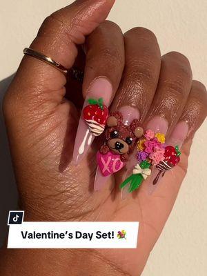 Valentine’s Day nails & probably my fav set ever!!🐻💐🍓 Products from @Daily Charme use my unlimited code: 'ADOREA' to save ! Here's what I used: • Daily Charme XL Stiletto Gel Tips • Daily Charme No Wipe Top Coat • Charme Gel 001 Perfect Black    • Charme Gel 002 Perfect White    • Charme Gel J22 Blushing Kiss • Charme Gel J23 Frosé • Silicone Flower & Heart Mold  • Red Hearts Mix • Bows Mix • No Wipe Jewelry Gel adoreaxo.com for these press ons handmade by me! Use code: ‘TOK’ to save! :) @Mia Secret code: ‘ADOREAXO’ Shop links in bio! Daily Charme products can be found on their website using the search feature (site link in my bio!), unlimited discount code ‘ADOREA’ ✨ ** if there’s a greater discount code active you can always use my referral link in my bio along with the higher code to support 🙏🏾 #vdaynails #valentinesdaynails #chocolatecoveredstrawberrynails #teddybearnails #flowernails #girlynails #lovenails #februarynails #xonails #3dnails #foodnails #3dfoodnails 