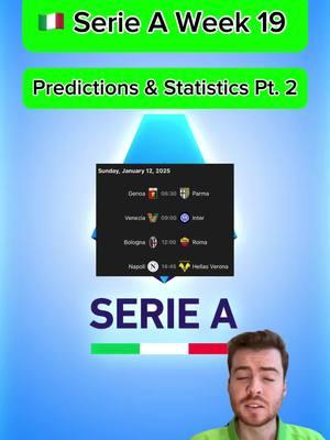 🇮🇹 SERIE A WEEK 19 PREDICTIONS & STATISTICS PART 1 | More predictions on FanBasis in my bio | Statistics are from the HOFB app, link in my bio | —————————————-#footballpredictions #soccerpredictions #soccerpicks #footballpicks #soccertips #footballtips #seriea #serieatim #serieapredictions #serieapicks #serieatips #freefootballpicks #freefootballpredictions #freesoccerpredictions #freesoccertips #bolognaroma #genoaparma #napoliverona #veneziainter #monzafiorentina #footballanalysis #socceranalysis 