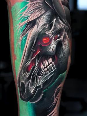 ✨ **Inknation Tattoo alert 🚨 by @aramayotattoos !**  Check out this breathtaking skull horse realism  tattoo created by our resident artist, @Aramayotattoos 🖤 His attention to detail and mastery in realism really shines through in this piece. We’re beyond proud to showcase such incredible work. 🎨 Hope you guys love it as much as we do! If you’re looking to get an unforgettable tattoo, Paul is now taking bookings for February 2025 Don’t miss out! 📅 📲 **Book your appointment now!**  #ColorRealism #RealismTattoo #TattooArt #inknationstudio #tattooshop. 🎥📸 