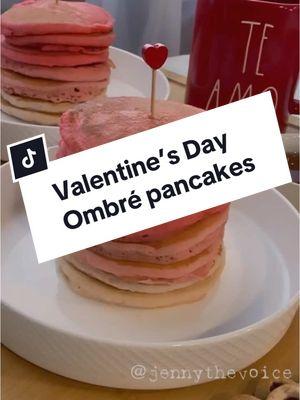 Valentine’s Day pancakes  This is a cute idea of pancakes to celebrate with a ombré pancakes #ValentinesDay #valentinesdayfood #valentinesdayfoodideas 