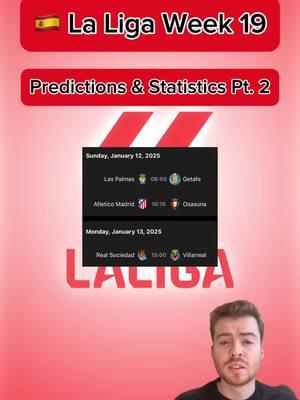 🇪🇸 LA LIGA WEEK 19 PREDICTIONS, STATISTICS & TIPS  PART 2 | More predictions on FanBasis in my bio | Statistics are from thr HOFB app, link in my bio | —————————————-#footballpredictions #soccerpredictions #laliga #laligasantander #laligatips #laligapredictions #soccerpicks #footballpicks #soccertips #footballtips #freefootballpicks #freefootballpredictions #freesoccerpredictions #freesoccertips #realsociedadvillarreal #atleticoosasuna #laspalmasgetafe 