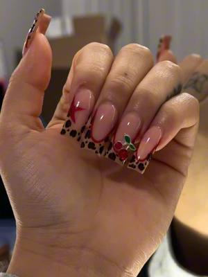 Replying to @Catherine💋🍒 here you go 🍒🐆⭐️ #leopardprint #leopardprintnails #leopardcherryprintnails #nailinspo #capricornnails 