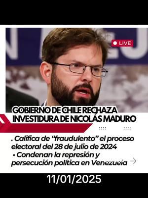 El gobierno de Chile ha expresado su rechazo a la investidura de Nicolás Maduro, calificando el proceso electoral del 28 de julio de 2024 como “fraudulento” y “desprovisto de toda legitimidad democrática”. Además, condenaron el aumento de la represión y persecución política en Venezuela, exigiendo el pleno respeto de los derechos humanos y el restablecimiento de un orden democrático. #politicainternacional #politica #geopolitica #diplomacia #noticias #venezuela #maduro #chile #gobiernochileno #elecciones2024 #legitimidaddemocratica #actualidadpolitica #relacionesinternacionales #politicaexterna #internacional ##paratiiiiiiiiiiiiiiiiiiiiiiiiiiiiiii##trending##viraltiktok#Canva 