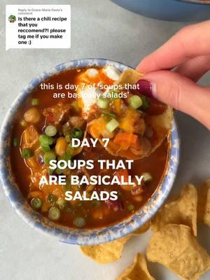 Replying to @Grace-Marie Davis day 7 of my soup series is a hearty field roast and vegetable chili 🌶️🫘 hope you love it!  recipe (makes 8 servings) 1. to a large pot over medium-high heat add 1 diced yellow onion, 2 large diced carrots, 1 diced yellow bell pepper, 3 diced stalks of celery, 1 diced green bell pepper, 1 diced jalapeño, 2 tbsps minced garlic, 2 tbsp chili powder, 1 tbsp cumin, 1/2 tsp salt and fresh ground black pepper 2. sauté vegetables for ~10 mins until softened  3. add 1 can diced tomatoes, 1 can tomato sauce, and 4 cups vegetable broth 4. cover and let cook for ~5 mins until soup is warm, and then add 1 can kidney beans, 1 can pinto beans, 1 can black beans, 1 can chickpeas, 1 diced zucchini, and 3 loosely chopped field roast sausages (I used Italian garlic and fennel) 5. cover the soup and simmer for ~30 minutes  6. serve with sour cream, cheddar cheese, scallions and tortilla chips to dip!  #nutritionbymeagan #soupsthatarebasicallysalads #souprecipeshealthy 