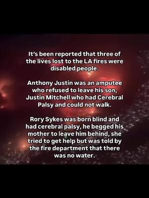 Praying for every single victim of the LA fires and their families 😞💔 But I needed to post this because it is terrifying and outrageous that these lives were lost. In the article I’ve linked below it shares the full story.  These people didn’t get to choose. They lost their lives waiting for someone to remember they existed. This is the reality for all disabled people and it is unacceptable. It’s 2025 - lives should not be lost simply because they need help 😭😭😭💔💔💔 Praying for everyone impacted by this horrible tragedy.  . Z#. . . . . . . . . . . . #la #lafire #palisades #palisadesfire #disabled #disability #tragedy #california  #disabledlife #fyp #californiafires #disabiltyawareness 