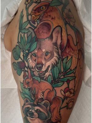 Fun half sleeve! This was our second session and we finished it today :) #halfsleevetattoo #halfsleeve #biceptattoo #animaltattoo #naturetattoo #colortattoo #wolftattoo #raccoontattoo #squirreltattoo #hawktattoo 