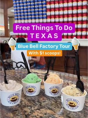 FREE TOUR AT THE BLUEBELL ICE CREAM FACTORY IN TEXAS WITH UNLIMITED $1 ICE CREAM SCOOPS!🍦 Enjoy free parking and a complimentary tour of the factory, which includes a visit to two museums and a live production view(no photos can be taken). The ice cream parlor offers unlimited $1 scoops with 16 flavors, some only available at the factory. 📍 1101 South Blue Bell Road, Brenham, Texas  ⏰ Mon-Fri: 8am-5pm (Observation Deck: 8am-2pm) This has been one of my favorite things that I’ve done in Texas! Tag your friends. . . . . #tiktoktexas #traveltexas #texastravel #texasroadtrip Best things to do in texas, family friendly texas, free things to do in texas 