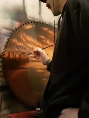 painting in some.sunset background in a 26 inch sawmill saw blade #sawbladepainting #saw #sunset #handpainted #sawart #createxcolors #freehand #background #timelapse #SmallBusiness 