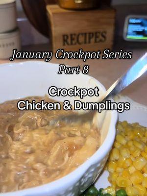 Part 8 of my January Crockpot Series—Chicken & Dumplings! 😋 I followed @Mississippi Kween-Caroliiiine ‘s recipe and these were by far some of the best tasting chicken & dumplings I’ve ever made 🤩  Recipe is typed out at the end of the video to screenshot! #crockpotrecipes #crockpot #recipes #countrycooking #southerncooking #chickenanddumplings #fyp 