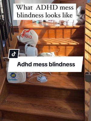 Let’s talk about mess blindness … this is super common with ADHD you can walk past the items on the stairs 500x and not register that is even there anymore it essentially becomes part of the stairs in your mind.  Messes like window smudges or juice stained couches blend into your environment and simply put it’s not a priority for our adhd brains to see. We have so many other hyperactive thoughts we truly don’t see it.  When we do see it we tell ourselves over and over we have to clean it up until eventually we forget about it or overwhelm ourselves so much we end up avoiding it all together. One thing that I have found helps the most is a cleaning schedule, I pencil in time to clean the things I know I’m often blind to. Also starting small and focusing on one area at a time!  Like and follow for more real life content  #livingroommess #motherhood #momofyoungkids #cleaningmotivation #adhdproblems #adhdawareness #declutteryourlife #mentalhealthadvocate #mentalhealthsupport #messyhome #cleanwithme #declutterwithme #busymom #cleanup #neurodivergent #cleanliving #relatable #reallife #decluttering #reclaimed #reclaimyourlife #reclaimyourspace #toddlermom #chaos #chaoticlife #adhd #adhdwomen #adhdmess #adhdsupport #adhdlife