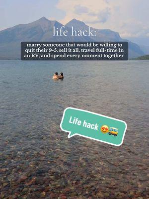 LIFE HACK 🤪😍. Marry someone willing to live and travel full-time in an RV with you! I went to my husband over 3 years ago with the idea to sell our house, sell our cars, quit our jobs, homeschool our two kids and travel full-time! Lake McDonald in Glacier National Park is one of our favorite summer travel locations in Montana, it’s so magical. ✨Tiny living and the travel lifestyle might not be for everyone but it is for us, we’re forever grateful we took the leap to be debt free nomads! Could you sell it all and travel? 🚌 #lifehacks #travellifestyle #lifegoals #travelcouple #travelgram #travelblogger #rvlife #rvliving #homeonwheels #debtfreejourney #liveyourbestlife #fulltimerv #wanderlust #rvers #wanderer #travel #nomad #slowliving #marriage #mountains #glacier #glaciernationalpark #lakemcdonald #loveyourlife #montana #tinyhome 