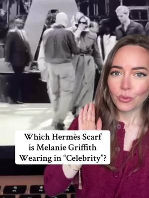 Hint: It’s one that I’ve ID’d before! Which Hermès scarf is Melanie Griffith wearing in “Celebrity”? This movie is in black and white, but it isn’t actually that old. It was released in 1998 and features a stacked cast with Leonardo DiCaprio, Winona Ryder, Charlize Theron, Judy Davis and more. Now, this scarf might look familiar if you saw my last “As Seen In” Sunday scarf ID with Sharon Stone in “Basic Instinct” because that scarf features the same bee motif seen in “Celebrity”. And about 4 months ago I ID’d this scarf for the first time on Tilda Swinton in “The Souvienir”. So which scarf is it? Melanie Griffith is wearing “Napoleon” by Philippe Ledoux, originally released in 1963 and she is wearing the white colorway with burgundy and gold accents. Such a fabulous classic. Let me know what you’d like to see next week! #hermes #hermesscarf #hermessilk #scarftutorial #silkscarf #woodyallen #melaniegriffith #vintagehermes #scarfinspo 