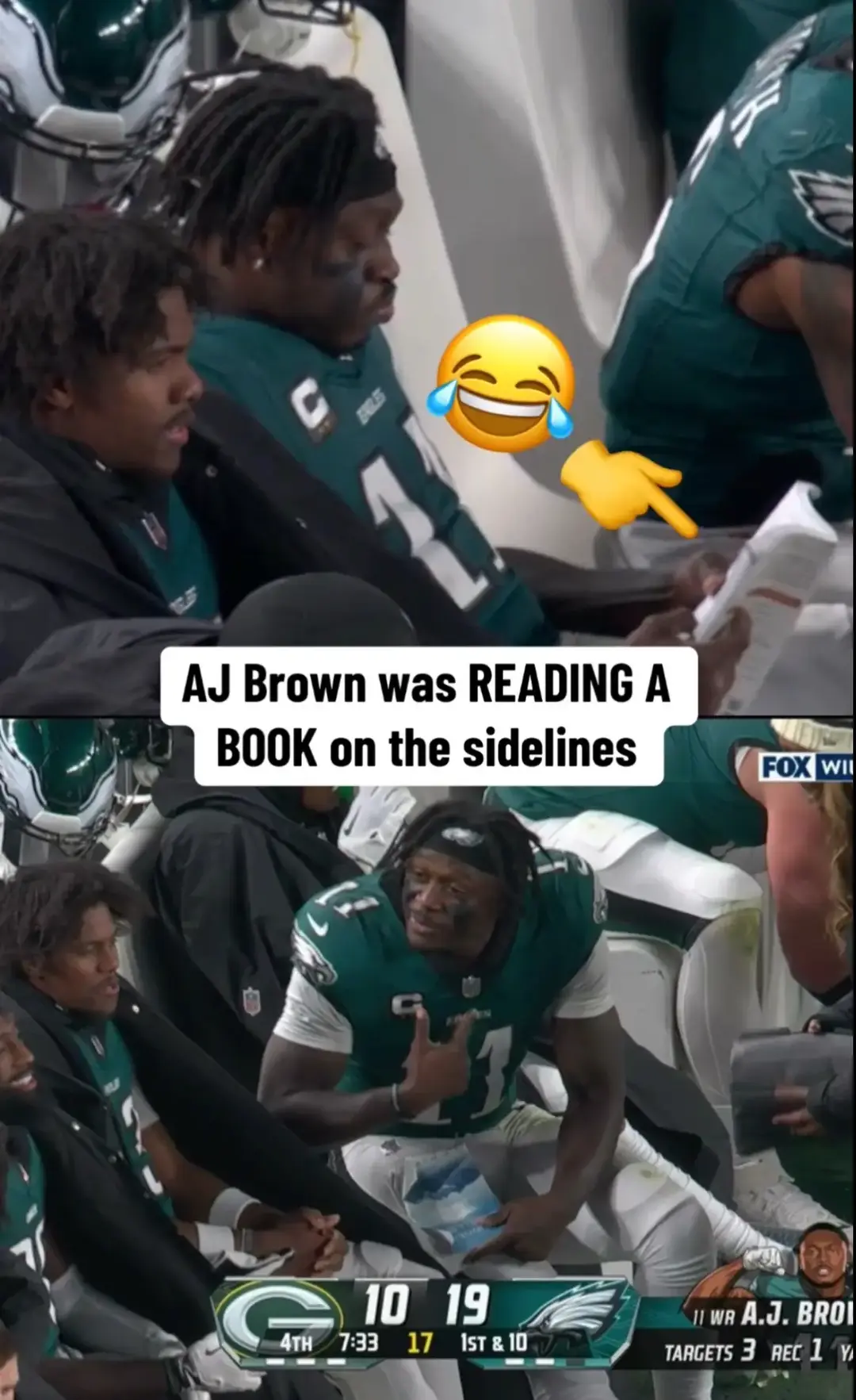 AJ Brown’s stats: 1 catch, 10 yards, 1 book read 😂 #philadelphiaeagles #nflplayoffs2025 #playoffpayoff #flyeaglesfly 