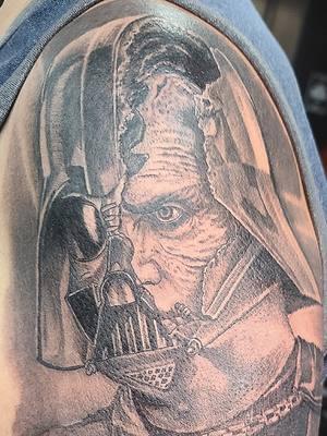 First Star Wars tattoo of the year on the Homie Cisco! This was his first tattoo. He sat like a champ! Thank yiubfor trusting me with your first tattoo! #tattoo #tattoolife #darthvader #starters #sith @Body Art Bus 