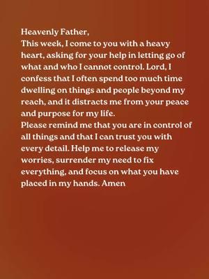 🤔Do you often find yourself stuck trying to fix things or people, even when it’s out of your control? It’s easy to get caught up in the cycle of overthinking and trying to manage what isn’t yours to handle. ✨Let this be a gentle reminder: don’t let these distractions consume you. Instead, pause and ask God to take over. Surrender what you can’t control to Him and trust that He knows what’s best. ✨Release it, refocus, and go on about your day. You’ll find peace in knowing that God’s hands are far more capable than yours. What’s out of your control is never out of His! #morningtalkswithgod #askgodforstrength #prayerlife #letgoofcontrol #HealingJourney #womenwhopray #faithingod 